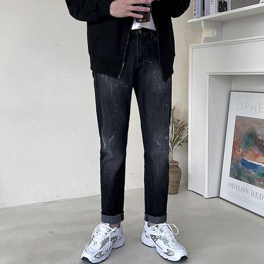 블랙 워싱 페인팅 데님팬츠